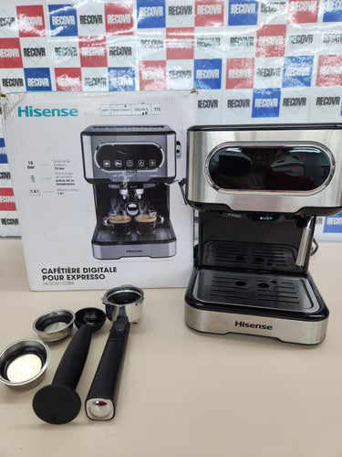 Hisense, HESCM15DBK Máquina espresso molida y compatible con ESE 44 mm, presión de 15 bar, pantalla táctil, 1100 W, plata, 27,4 x 30 x 27,2 cm